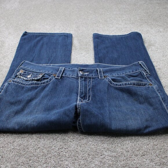 True Religion Boot cut Jeans Mens 38 Blue Bootcut Thick Stitch Denim 28" inseam - Picture 2 of 15